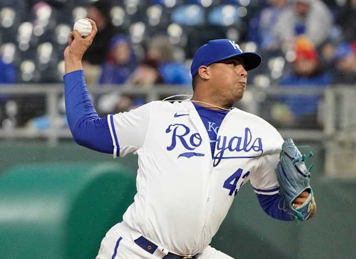 Apr 19, 2022; Kansas City, Missouri, USA; Kansas City Royals relief pitcher Carlos Hernandez (43) delivers a pitch against the Minnesota Twins in the first inning at Kauffman Stadium. Mandatory Credit: Denny Medley-USA TODAY Sports